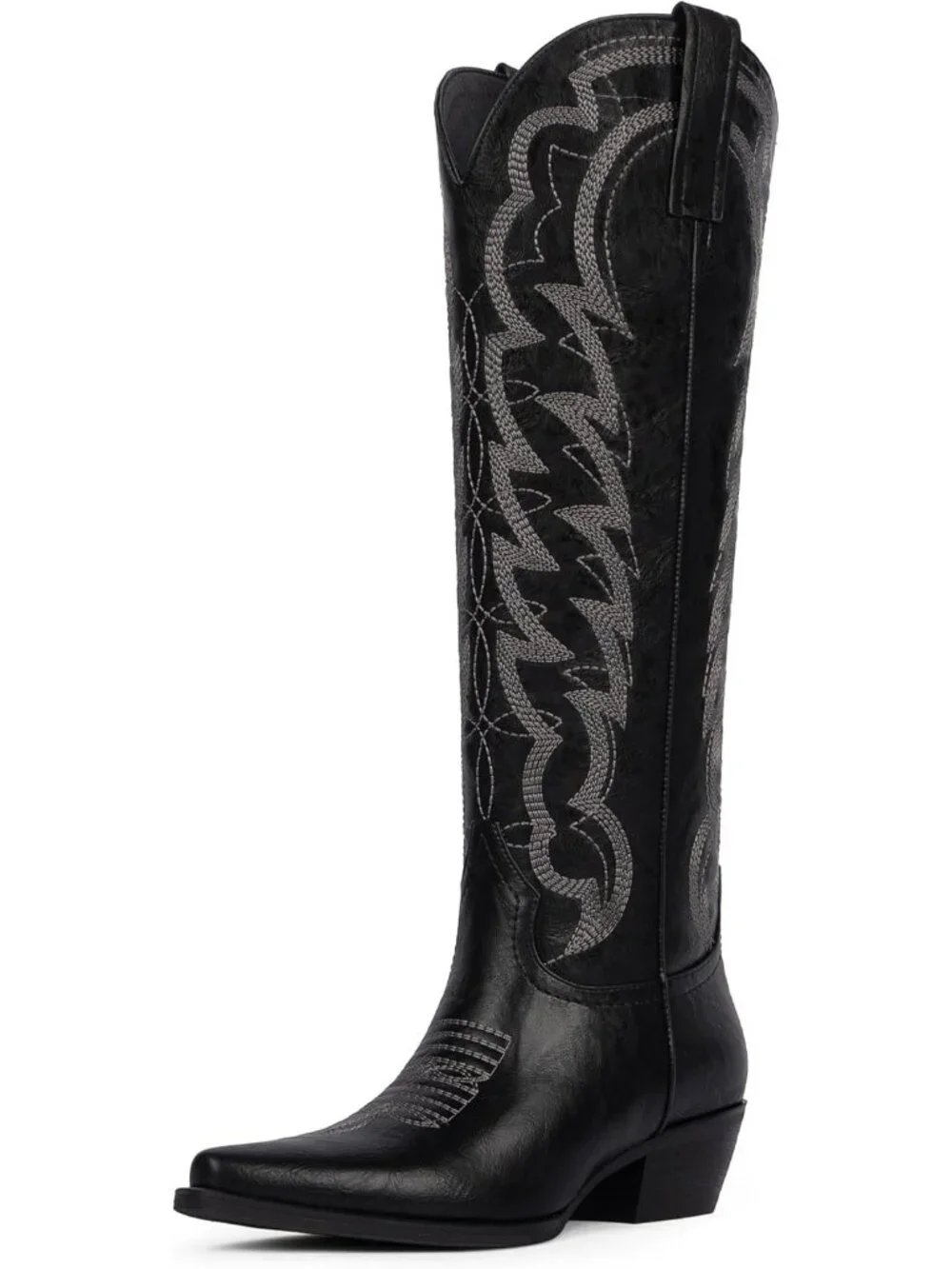 Women's Black Cowboy Knee High Boots Pointed Wide Calf Chunky Heel Cowgirl